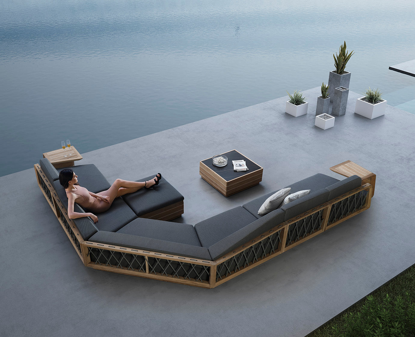 Higold Luxury Outdoor Garden Teak Furniture Sectional Sofa Sets Armonia Patio Couch with Coffee Table And Footstools