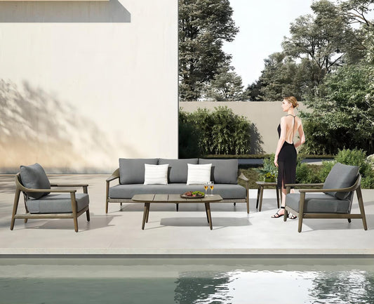 Higold Aluminum Teak Outdoor Furniture LEO Garden Patio Couch Conversation Sofa Set With Coffee Table