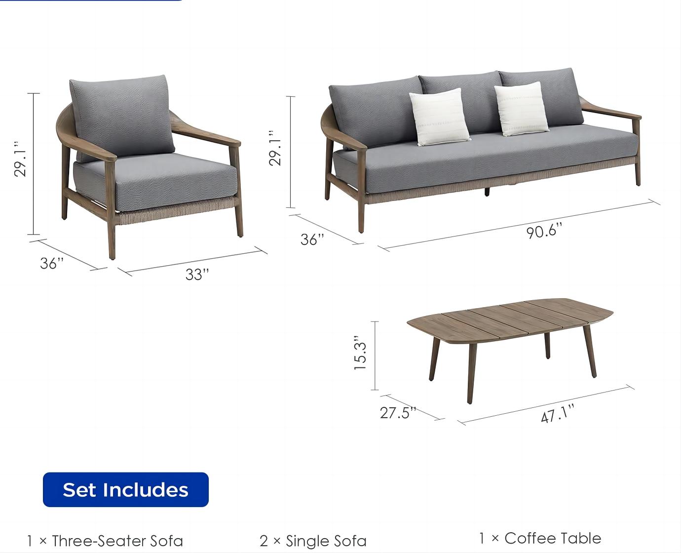 Higold Aluminum Teak Outdoor Furniture LEO Garden Patio Couch Conversation Sofa Set With Coffee Table