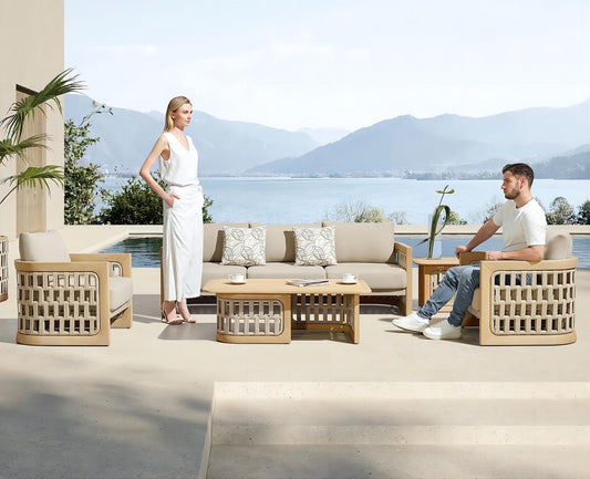 Higold Aluminum Teak Outdoor Furniture Riva Garden Patio Couch Conversation Sofa Set With Coffee Table