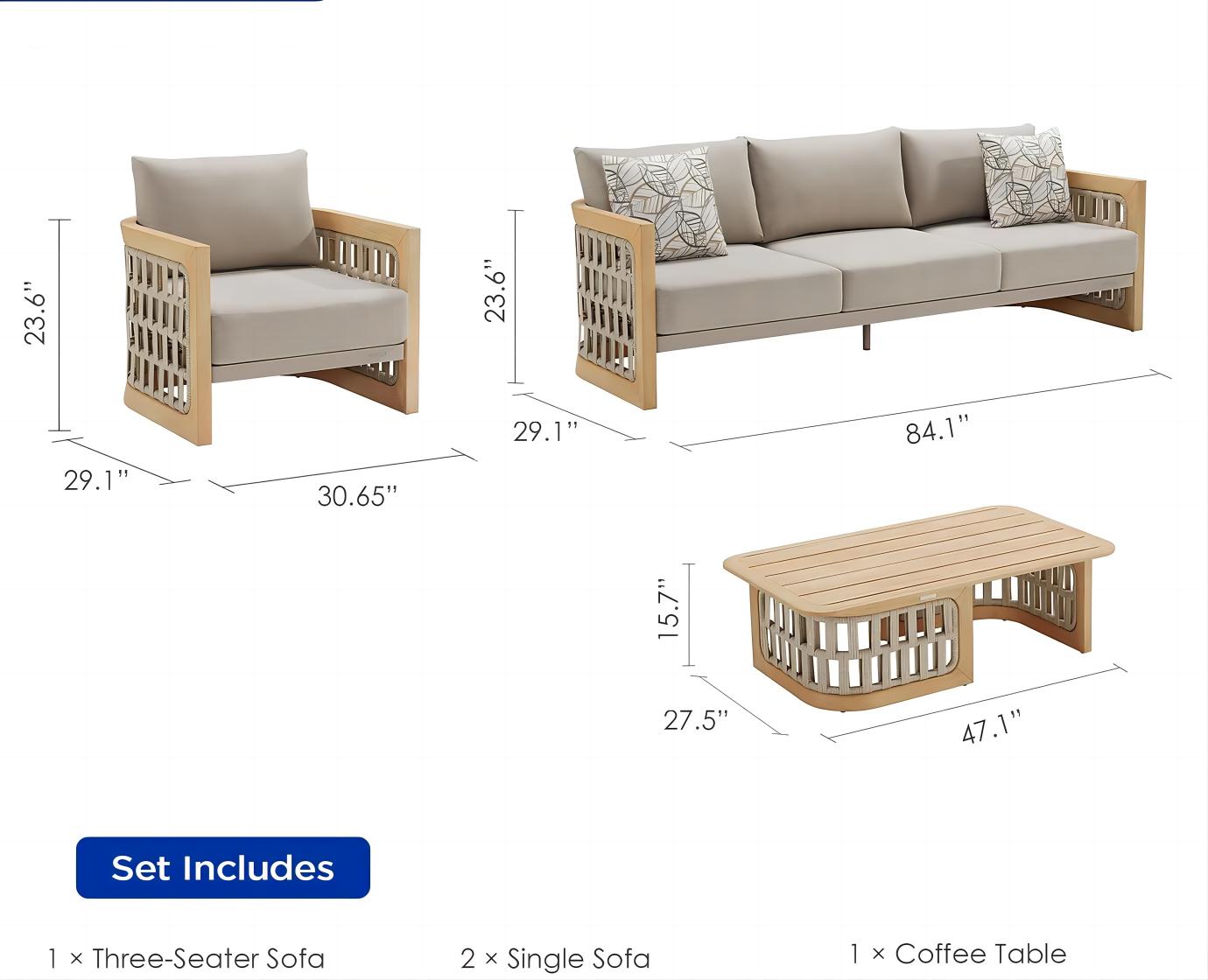 Higold Aluminum Teak Outdoor Furniture Riva Garden Patio Couch Conversation Sofa Set With Coffee Table
