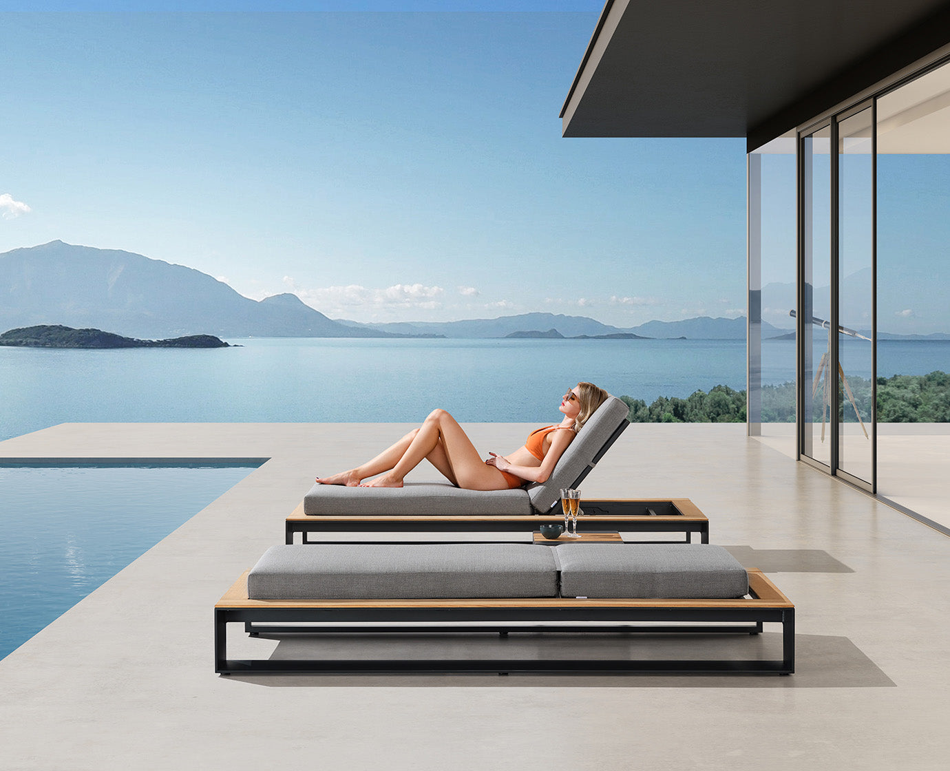 Higold Luxury Aluminum Teak Outdoor Furniture Pool Chaise Loungers With Side Table Cambusa Lounge Chairs