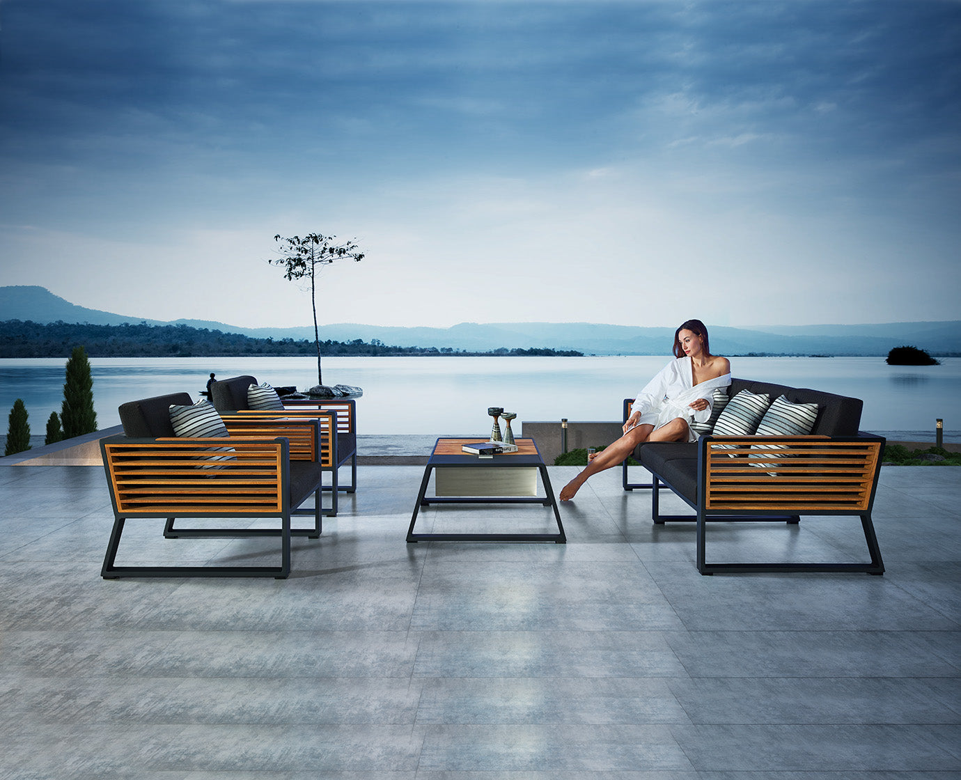 Higold Aluminum Teak Outdoor Furniture New York Garden Patio Couch Conversation Sofa Set With Coffee Table