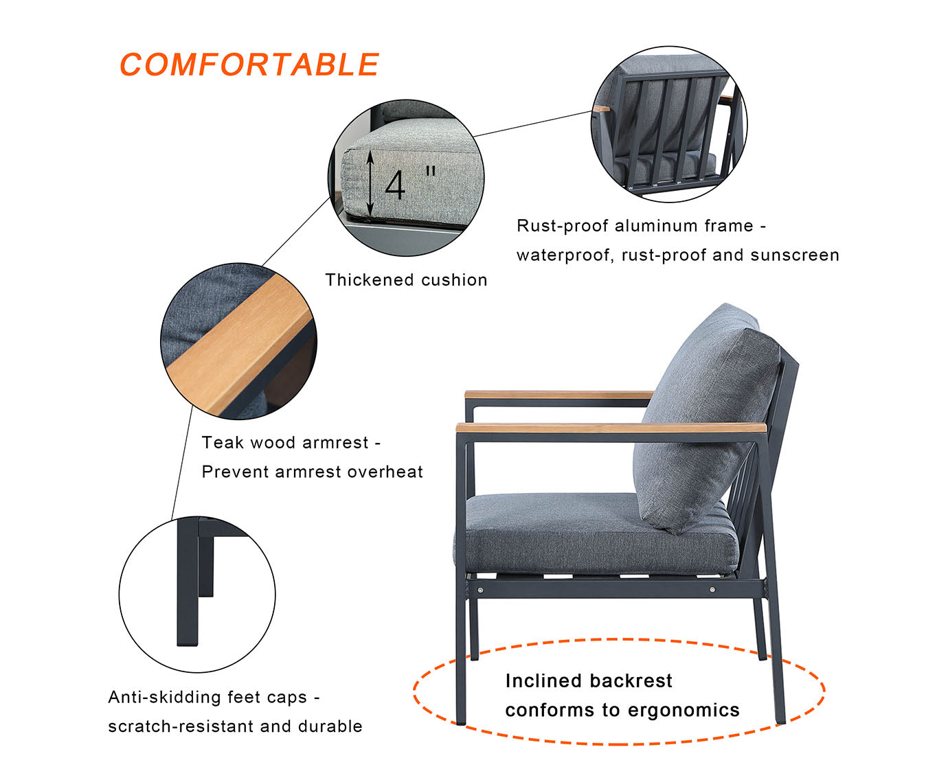 HIGOLD Rossio Outdoor Sectional Sofa Matte Charcoal Aluminum Frame Teak Finished