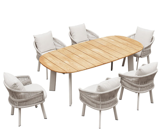 HIGOLD Aio 7 Pieces Teak Outdoor Dining Set With White Cushions