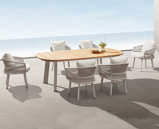 HIGOLD Aio 7 Pieces Teak Outdoor Dining Set With White Cushions