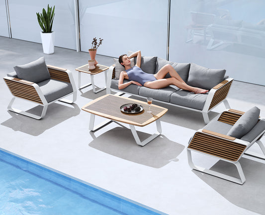 Higold Luxury Teak Outdoor Furniture Wing Garden Patio Couch Conversation Sofa Set With Coffee Table